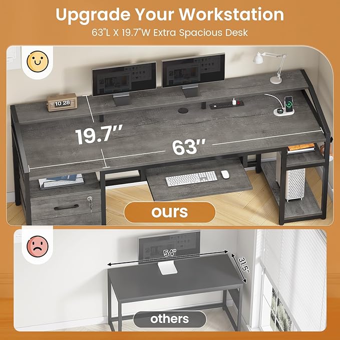 SEDETA 63" Computer Desk, Office Desk with Lockable Drawers for Legal/Letter File, Gaming Desk with LED Lights & Power Outlet, Home Office Desks with Storage, Grey
