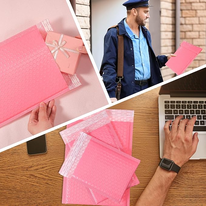 100 Pcs Kraft Bubble Mailers 3 Size Padded Envelopes Kraft Poly Mailers Bubble Lined Shipping Envelopes Mail Shipping Bags for CDs Book Business Supplies (Pink)