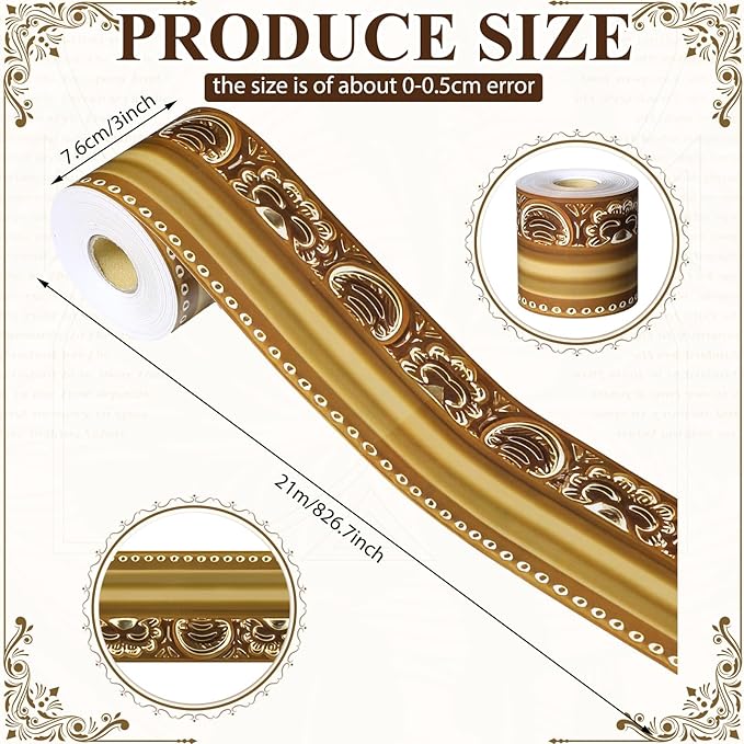 Outus 68FT Gold Frame Bulletin Board Border Die-Cut Straight Border Trim for Classroom Chalkboard, Picture Frames, Artworks, Walls, Mirrors & Office Decor, Classic Metallic Frame Molding(Delicate)