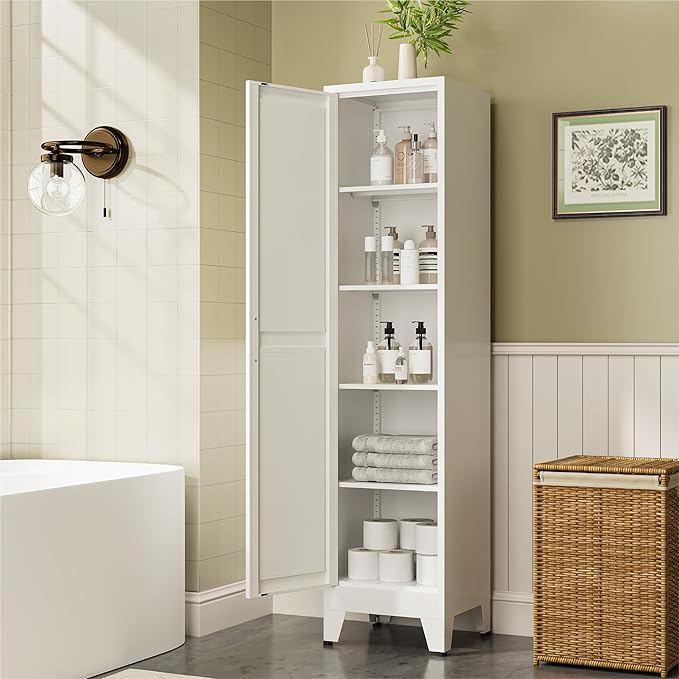 COFaR 67" Tall Metal Pantry Cabinet, White Storage Cabinet with Magnetic Door & 4 Adjustable Shelves, Slim Freestanding Cupboard for Kitchen, Bathroom, Living Room