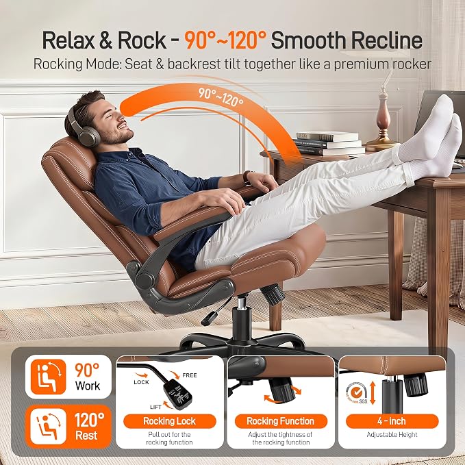 Office Chair, Executive Mid-Back Computer Desk Chair with Flip-up Armrests | 300 Lbs Ergonomic Leather Swivel PC Chair with Rock Function for Working Studying (Brown)
