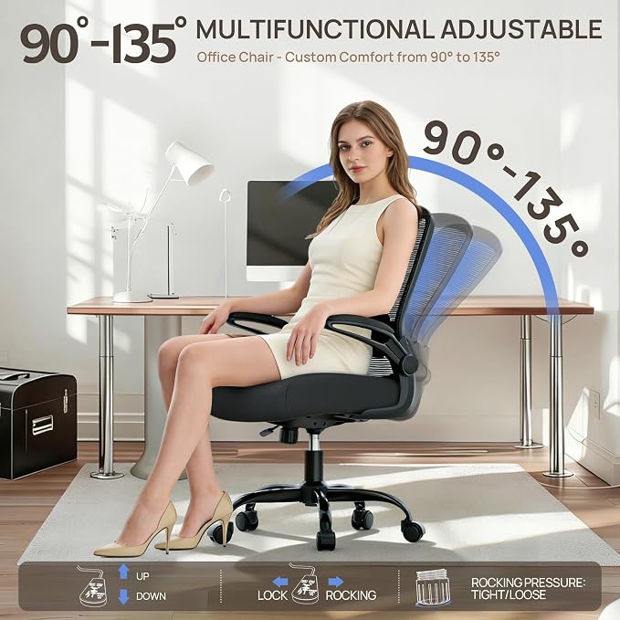 Ergonomic Office Chair w/Adjustable Lumbar, Flip Armrest, 135° Recline | Supports 300 lbs · Seat 19.48"–23.4" · Breathable mesh · 20–30 min assembly · 5-year warranty