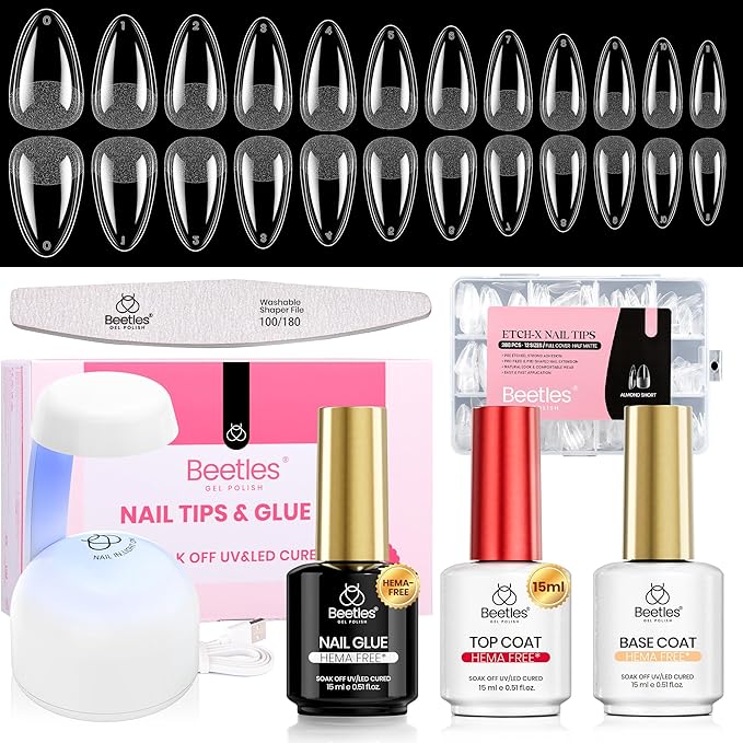 Beetles Gel Nail Kit Etch-X, Almond Short, 288pcs 12 Sizes Nail Tips, 3Pcs 15ml HEMA-Free Nail Glue Top Coat & Base Gel Set, with Mini Lamp, Press On Nail, Long Lasting Extension DIY Set at Home