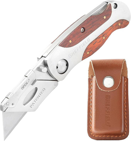 Sheffield 12818 Folding Utility Knife with Leather Sheath, Stocking Stuffers, Gifts for Men, Dad Gifts, Quick-Change Utility Knife Blades, Lightweight Hardwood Handle, Box Cutter, Cardboard Cutter