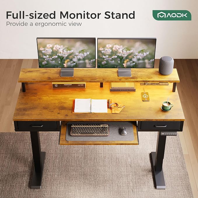 AODK 55 Inch Standing Desk with Drawers & Keyboard Tray, Rustic Brown | Power Outlet, LED Lights, Monitor Stand, Cable Management Tray, 3 Memory Heights, 29.9"-46.1" in Range