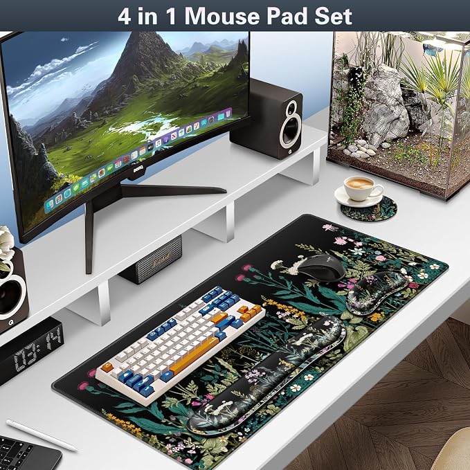 Canjoy Desk Mat with Wrist Rest, Desk Pad for Keyboard and Mouse 4-in-1 Mouse Pad + Keyboard Wrist Rest Support+ Coaster(35.4×15.7 in) Extended Desk Pad Memory Foam Non-Slip Desk Mat for Home Office
