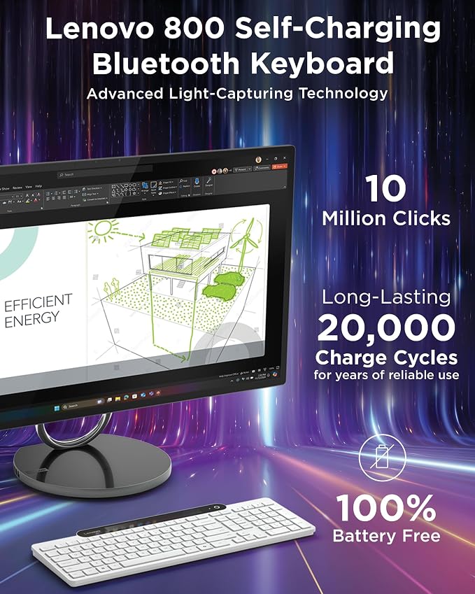 Lenovo 800 Self-Charging Bluetooth Keyboard, Battery-Free Wireless Keyboard with Light-Powered Charging, Multi-Device BT 5.1, Connect Up to 3 Devices, Compatible with Windows, macOS, ChromeOS, White
