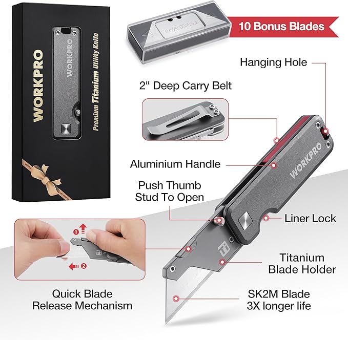 WORKPRO Premium Titanium Utility Knife, CNC Unibody, Lightweight Aluminium Handle Folding Box Cutter, Quick Change Blade Razor Knife,Ideal Gifts for Men Women, with 10 Extra Blades