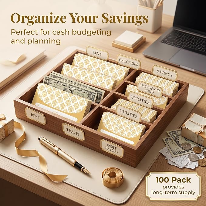XXINMOH 100 Pack Gold Money Envelopes for Cash Gifts (7x3 Inch), Fancy Decorative Design Money Holder for Christmas, Birthday, Graduations, Weddings, Small Money Saving Envelopes, Bulk Value Pack