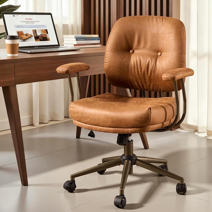 ovios Home Office Chair with Thick Cushion, Mid-Century Modern Faux Leather Ergonomic Chairs, Mid Back Swivel Rolling Computer Executive Armchair (Brown, Suede Leather)