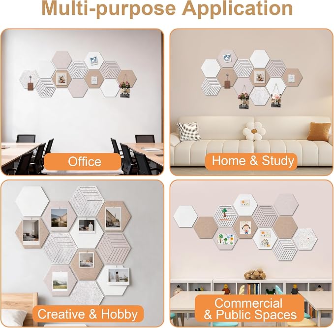 12PK Hexagon Cork Board & Warm Khaki Felt Bulletin Board 70 Pins | 11.8x10.2 inches, 12-pack set, cut-out geometric designs, ideal for home office wall decor, vision board, DIY art projects