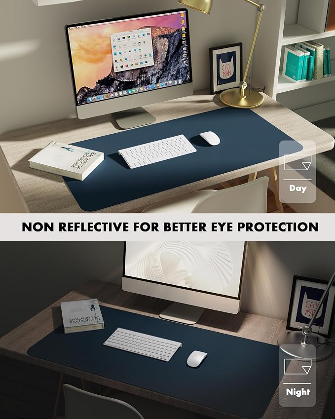 YSAGi Double-Sided Desk Pad, 31.5"x15.7"Leather Desk Mat, Eco Cork Desk Pad Protector,Large Mouse Pad,Waterproof Desk Blotter for Office/Home(Dark Blue)