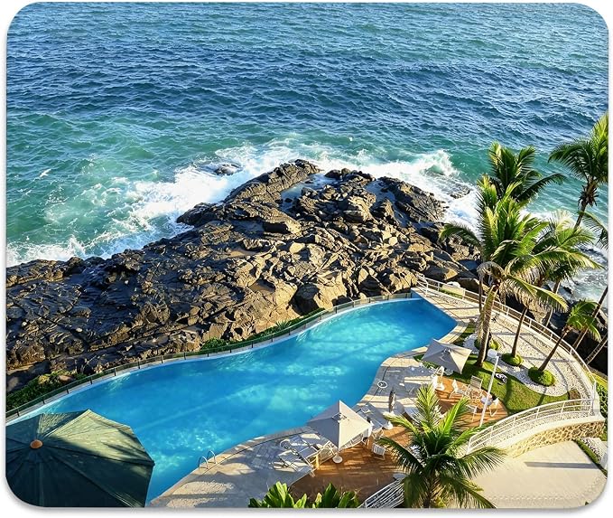 Luxury Cliffside Resort Pool with Palm Trees Mouse Pad, Tropical Desk Mat | Coastal Vacation Paradise Design, Cute Mousepad Stitched, Anti-Slip Base Smooth Surface, 9.5 x 7.9 Inches