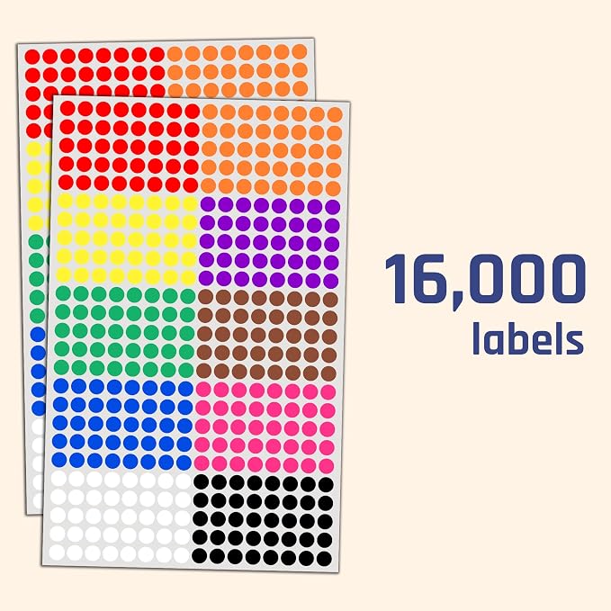16,000 Pack - 1/4" Small Colored Dot Stickers Round Labels, 10 Colors