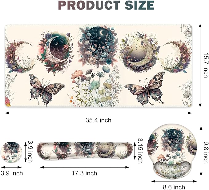 Large Desk Mat, Cute Boho Plants Mouse Pad, Apricot Desk Pad, XXL Mousepad | + Keyboard Wrist Rest+Mouse Wrist Rest+Coaster Desk Pad for Girl Women Home Office Decor Aesthetics, Floar Butterfly Moon