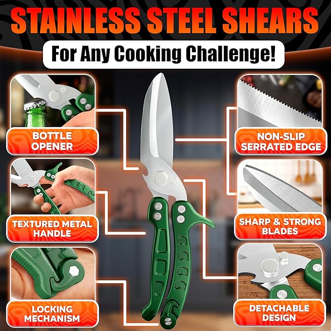 4-in-1 Stainless Steel Kitchen Shears – Sharp Seafood, Fish, Turkey & Chicken Cutting Scissors with Non-Slip Metal Handle & Micro-Serrated Blades – Spring-Loaded Bone Scissors with Safety Lock (Green)