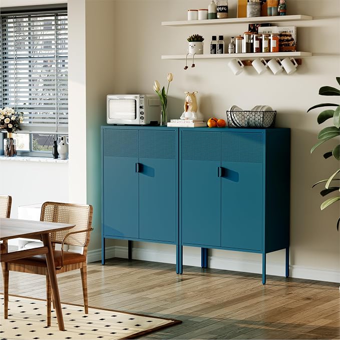 COFaR Peacock Blue Metal Cabinet, 47”H Modern Sideboard with Adjustable Shelves, Stylish Coffee Bar & Buffet Storage for Dining Room, Kitchen, Ventilated Metal Organizer with Magnetic Doors