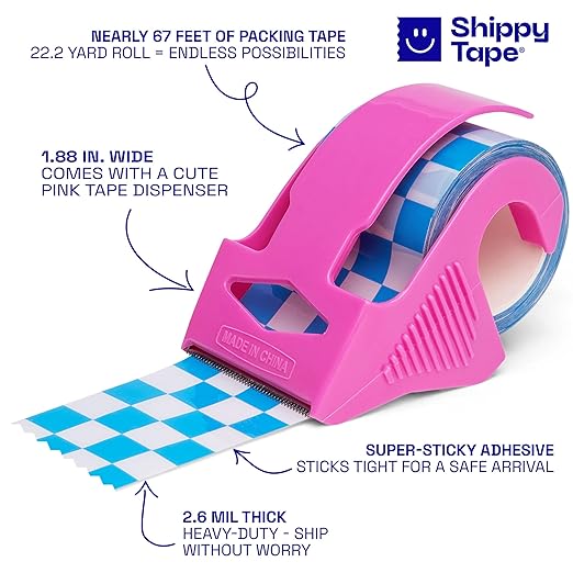 Decorative Packing Tape with Pink Dispenser – Checkered Cream & Blue, 1.88" x 22.2 Yards – Cute Printed Shipping Tape for Gifts, Small Business Essentials, and Mailers