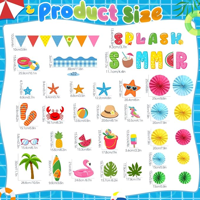 73 Pcs 3D Summer Bulletin Board Decorations with Paper Fans | Tropical Hawaiian Party Decorations Beach Palm Tree Ball Slippers Ice Cream Fruit Classroom Office Wall Door Decor Supplies