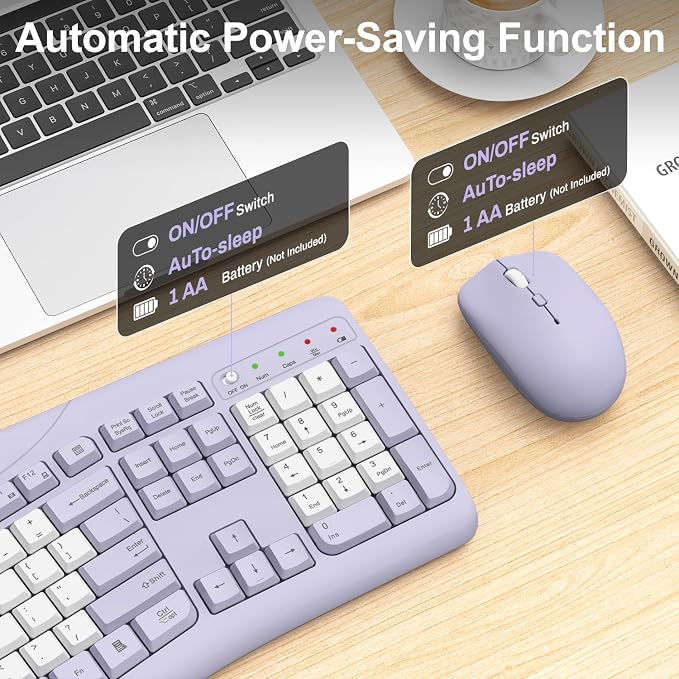Wireless Keyboard and Mouse Combo, 2.4G Quiet Ergonomic Curved Keys (Purple-B)