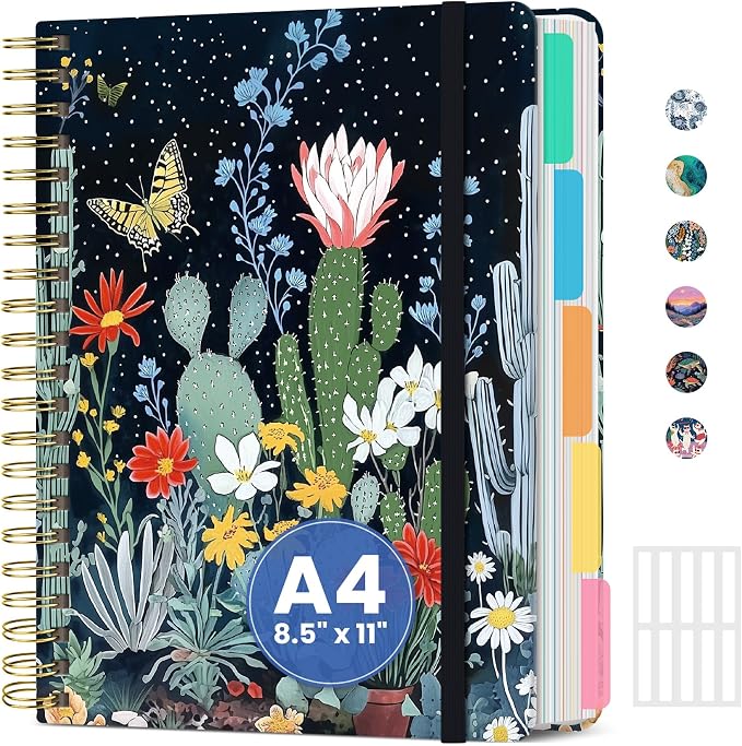 ZOTIA Large Spiral Notebook for Work, 8.5" x 11" Journal for Women, Cute 5 Subject Notebook with Removable Dividers & Tabs, College Ruled Lined Journal for Office and School, 280 Pages, Desert Bloom