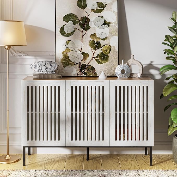 BVIUNTWO 47" Farmhouse Buffet Cabinet with Metal Base, Adjustable Shelves & 3 Doors, Antique White Storage Sideboard for Kitchen, Dining & Living Room