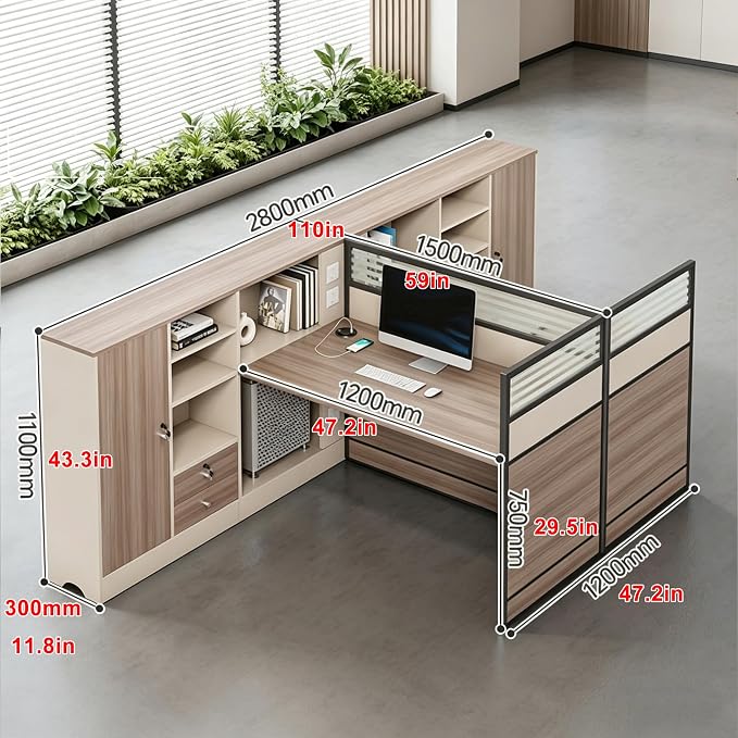 Modern Office Workstation Desk with Side Storage Cabinet, Tempered Glass Privacy Panels, USB Charging Hub & Cable Management, Modular Cubicle Desk for Office Work (A - Right, 2P)