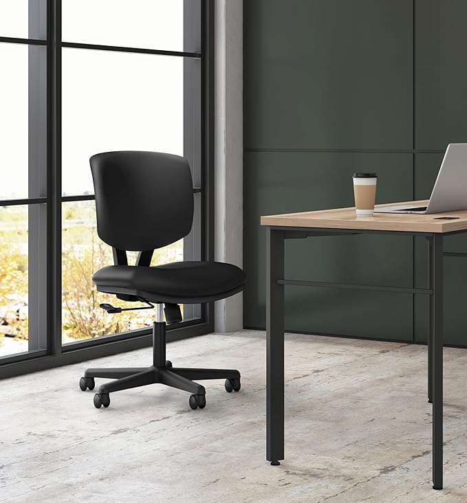 HON Volt Armless Office Chairs with Wheels, Ergonomic Adjustable Center-Tilt Recline, Fabric Back and Seat, Swivel Desk Chair, Black