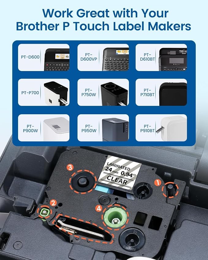 TZe TZ Tape 24mm 0.94 Laminated Clear Replacement for Brother TZe-151 | TZe151 P Touch Label Maker Tape Clear 1 Inch Compatible with Brother PT-D600 PT-D610BT PT-P700 PT-P710BT PT-P910BT, 4-Pack
