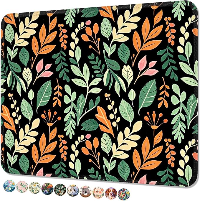 Mouse Pad, Cute Mouse Mat, 10" x 8", Black Leaf -01 | Square Waterproof Gaming Computer Mat, Textured Top, Stitched Edges, Non-Slip Rubber Base for Office Home Laptop Keyboard