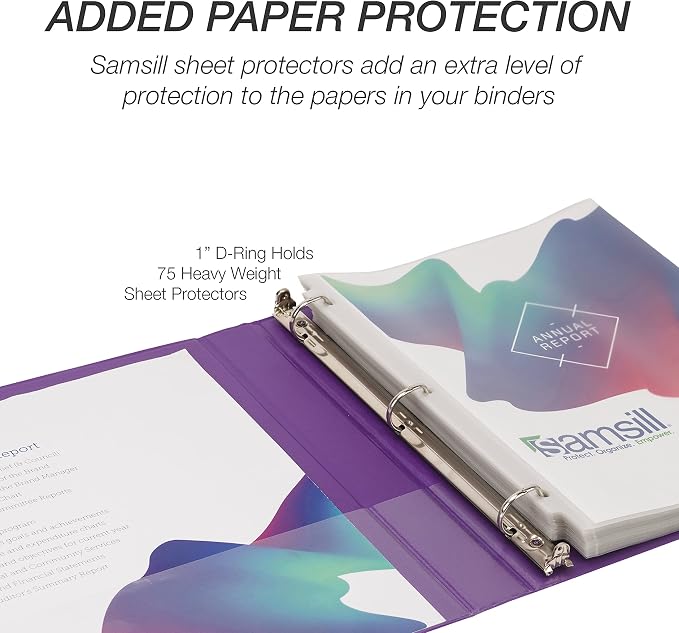 Samsill Durable 1 inch 3 Ring Binder, D Ring Binder, 100% Recycled Chipboard, Purple