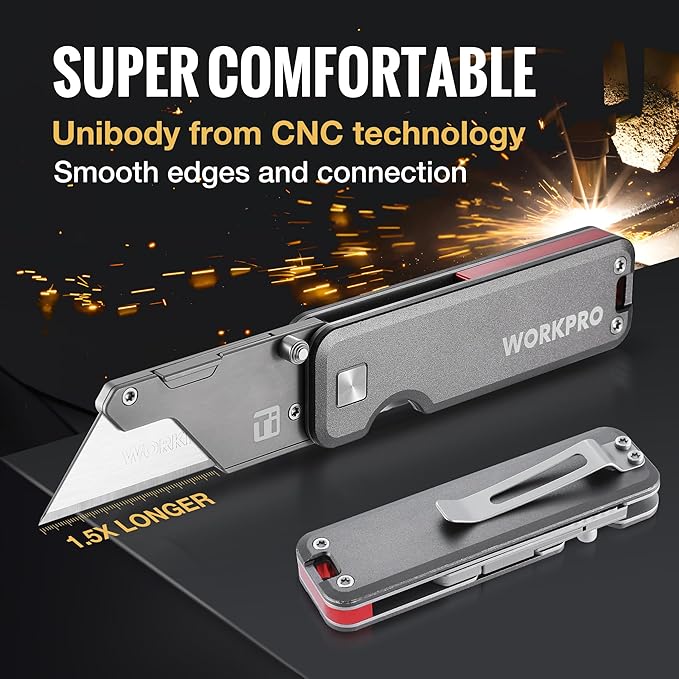 WORKPRO Premium Titanium Utility Knife, CNC Unibody, Lightweight Aluminium Handle Folding Box Cutter, Quick Change Blade Razor Knife,Ideal Gifts for Men Women, with 10 Extra Blades