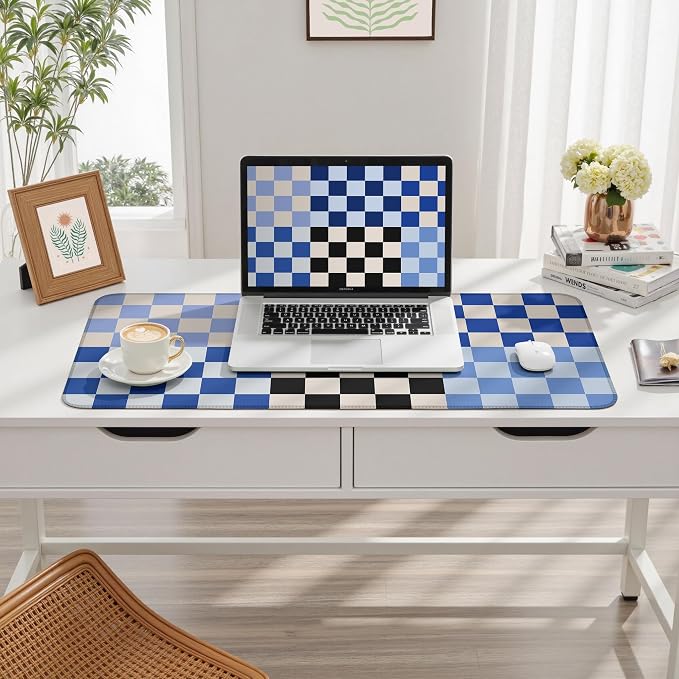 Checkered Desk Mat Blue Large Mouse Pad with Stitched Edges, XXL Keyboard Pad Mouse Mat for Computer Deor Desk Matt for Desktop 31.5 X 15.7In