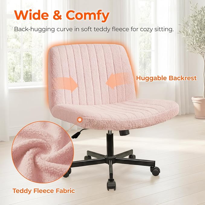 Orange Factory Criss Cross Chair with Wheels, Wide Vanity Seat, Pink Teddy | Cross-Legged with 360° Swivel, Height Adjustable, Smooth and Silent Wheels, Comfy Seating for Office, Desk, or Computer Use
