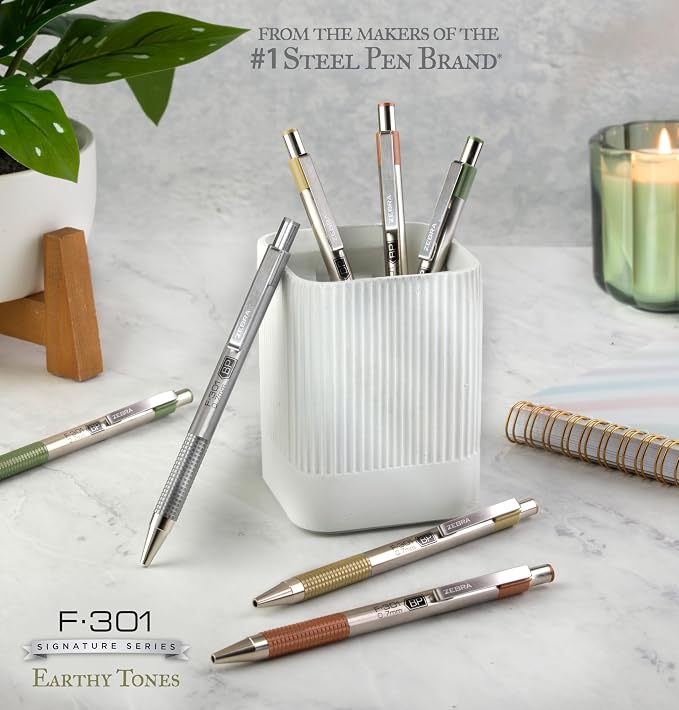 Zebra Pen F-301 Signature Series Ballpoint Pen, Black, 0.7mm, 4-Pk (27214) | Stainless Steel Barrel, Easy-Glide Ink, Pewter Earth-Tone Barrel Accents, Fine Point Tip, Ideal for Planners & Note-Taking