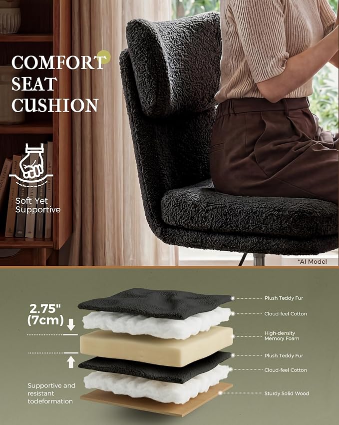 COMHOMA Vanity Chair with Ergonomic Curved Backrest, Home Office Desk Chair with Silent Wheel, Wide Seating Computer Chair for Girls Women Bedroom, Soft Teddy Fabric, Black