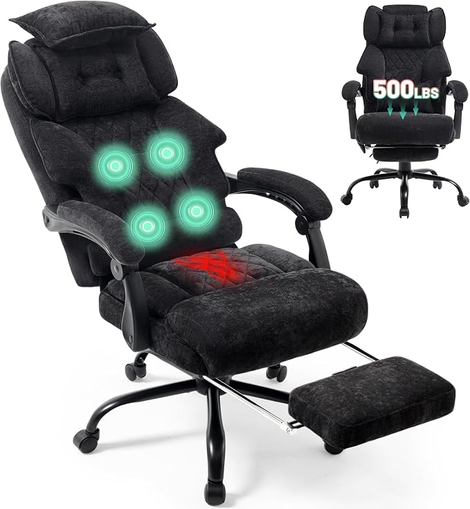 Office Chair with Foot Rest,3D Kneading Massage & Heat Executive Office Chairs for Heavy People,500LBS Big and Tall Office Chair,Ergonomic Desk Chair,Home Office,Dual-Use Pillow,BlackCloth