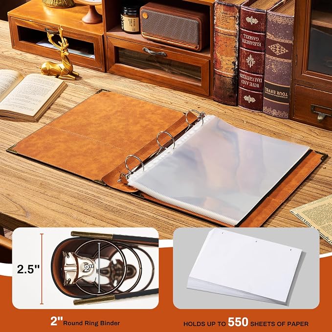 Ovesmusl PU Leather 3 Ring Binder 2 Inch Fits 8.5"x11" Letter Size Paper | 2 Inch Round Ring Binder Holds 500 Sheets, Notepad Paper Cover Loose Leaf Organizer, Brown Sun