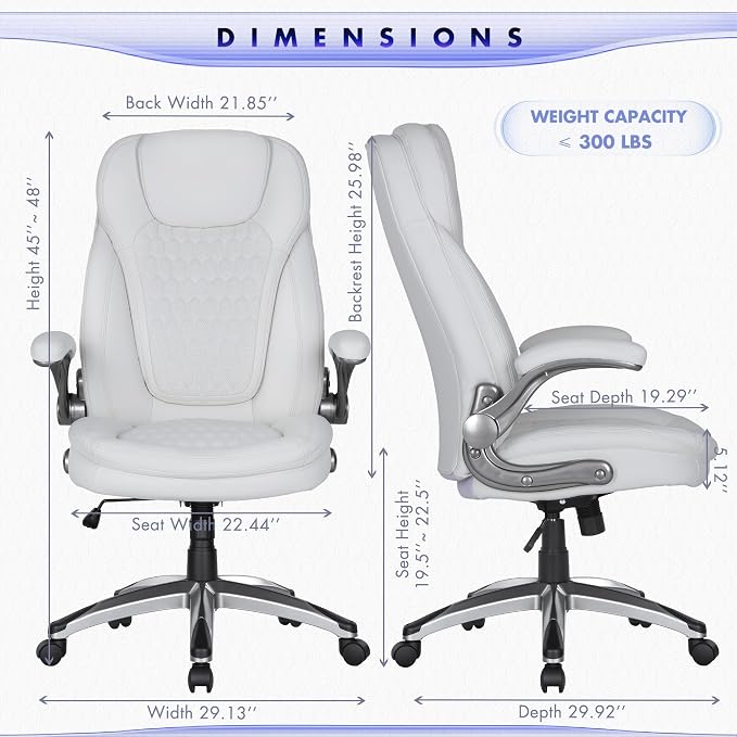 COLAMY Executive Office Chair-Ergonomic Computer Desk Chair, High Back Leather Chair with Padded Flip-up Arms, Swivel Home Office Chair Upgraded Caster, White
