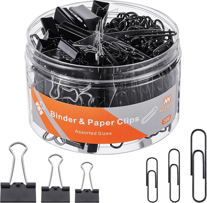 NEEWAY 300pcs Paper and Binder Clips Assorted Sizes, Black