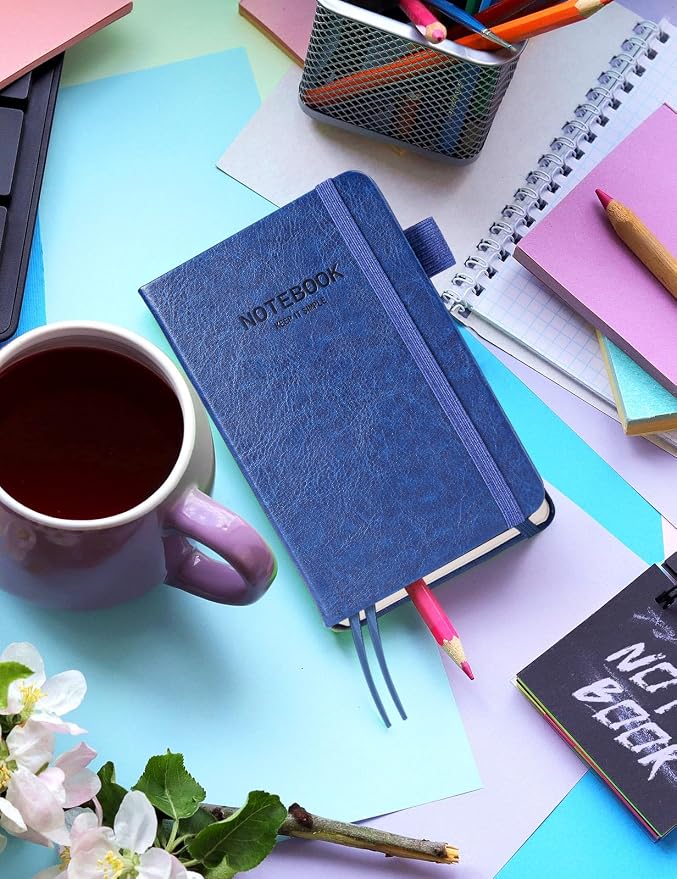 Pocket Notebook Small Notebook 2-Pack, 3.7" x 5.7" Pocket Notebooks Hardcover with Thick Lined Paper, Inner Pockets, Cover Letter Embossing Design Mini Journal Notepad Black+Navy