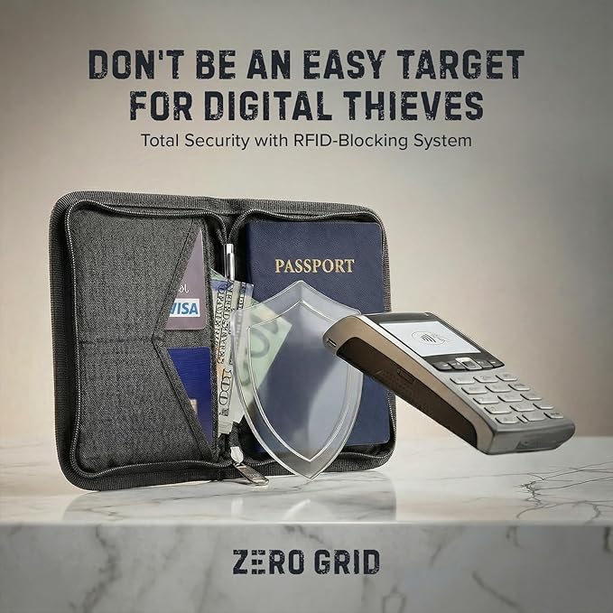 Zero Grid RFID Passport Holder & Travel Wallet, Zippered Wallet for Men & Women, Fits Passport, Cards, Cash, Tickets, ID, Sim Card, AirTag; Premium & Compact Travel Document Holder - Shadow Grey
