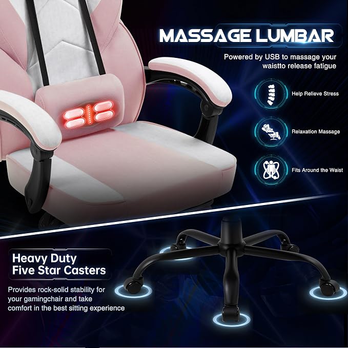 Video Gaming Chair for Adults, Computer Chair with Footrest and Ergonomic High Back, Big and Tall Gamer Chair with Massage Lumbar Support (Blush)