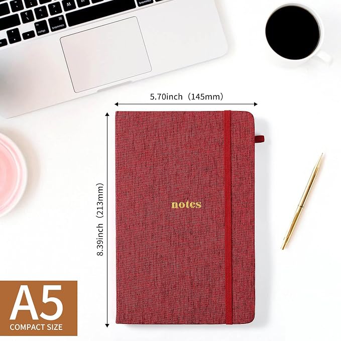 A5 Lined Journal Notebook, Fabric Hardcover, 2 Pack | 100GSM Paper 160 Pages, 5.7"x8.39" College Ruled Journaling, with Elastic Band & Pen Loop, for Work, School (Purplish-red)