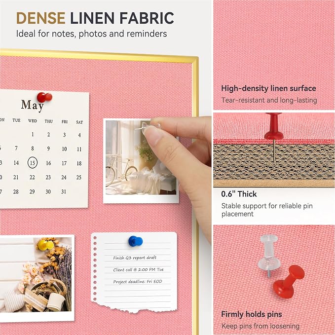 Whiteboard Bulletin Board Combo, 36"x24" Dry Erase Linen Cork Board | Magnetic, Gold Aluminum Frame, Pink Linen Pin Board, Wall Mount, Vertical & Horizontal, for Home Office Kitchen Dorm