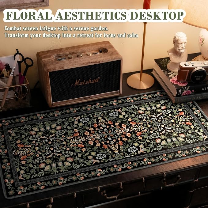 iCasso Floral Desk Mat,Mouse Pad for Office Decor,35.4x15.7in,Black | Back to School Desk Pad Mat, Anti-Slip Big Mousepad with Stitched Edges for Computer Desktop,Smooth Water-Resistant