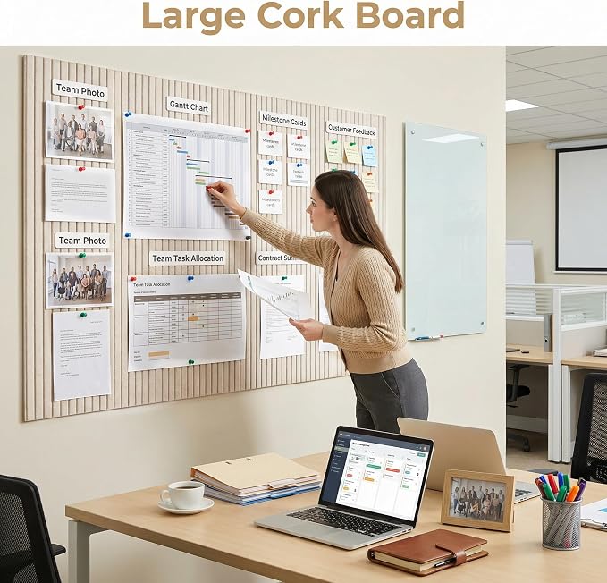 Felt Bulletin Board 48" x 36", Cork Boards for Walls, 12 Pack Bulletin Board Large Cork Board for Office, Felt Boards with 70 Safe Removable Adhesive Tabs, Pin Board for Home(Light Beige)
