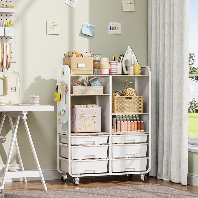 6 Drawers Rolling Storage Cabinet with Wood Top& Pegboards White | Utility Craft Cart with Adjustable Shelves & Lockable Wheels for Classroom, Home Office & Art Studio, Household Organization