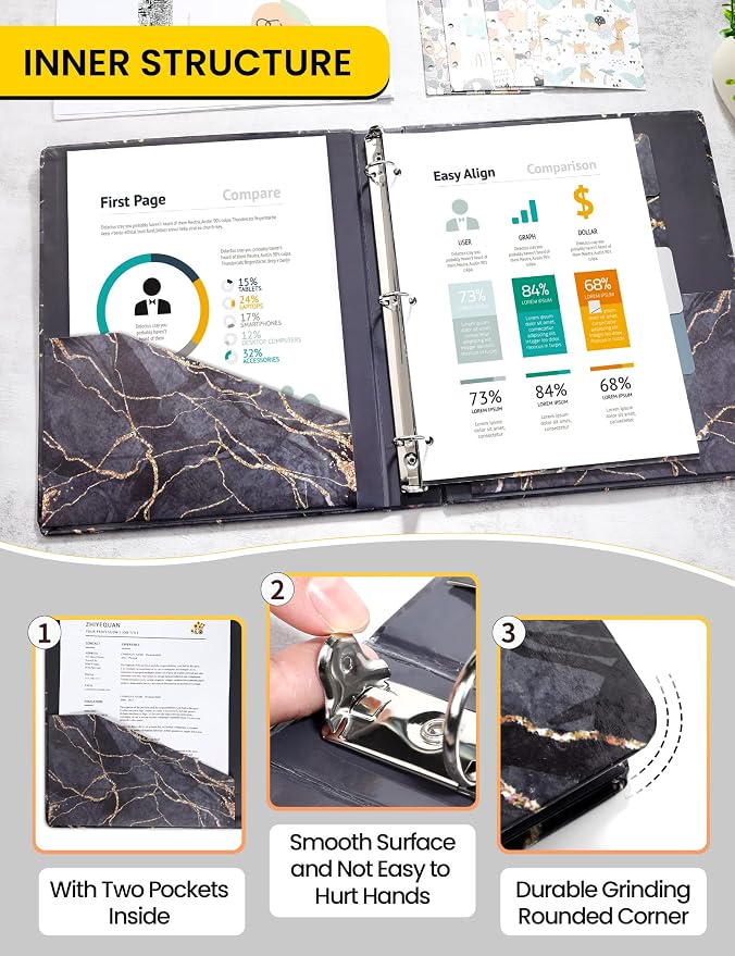 SUNEE 3 Ring Binder, 1 Inch, Cute Binder with 2 Pockets, Decorative Black Marble Heavy Duty (Fit 8.5x11 Inches) for School & Office (Pack of 2)