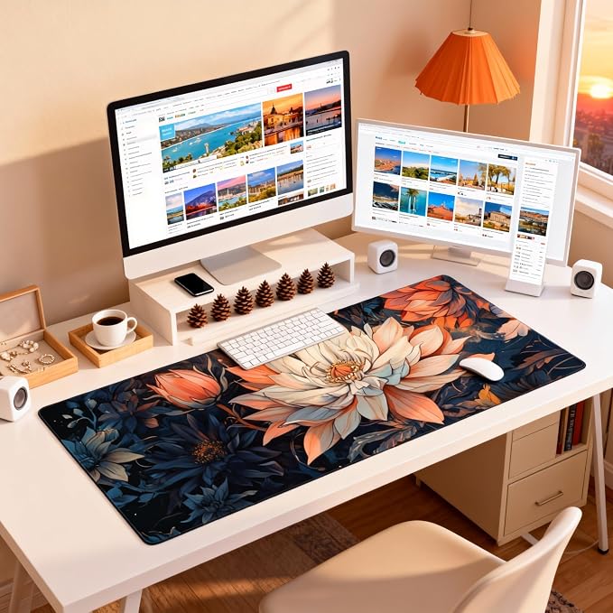Floral Aesthetic Lotus Gaming Mouse Pad, Blue Pink Japanese Desk Mat with Anti-Slip Base & Stitched Edges, Office Supplies & Desk Decor for Women, 35.4" x 15.7" in Home Office Essentials